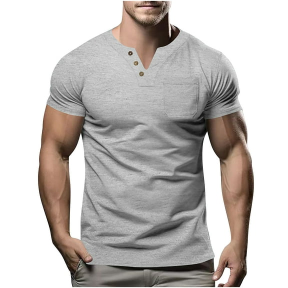 fatyb Men's V Neck Short Sleeve Casual Shirts with Pocket Lightweight Summer Button T Shirts for Men