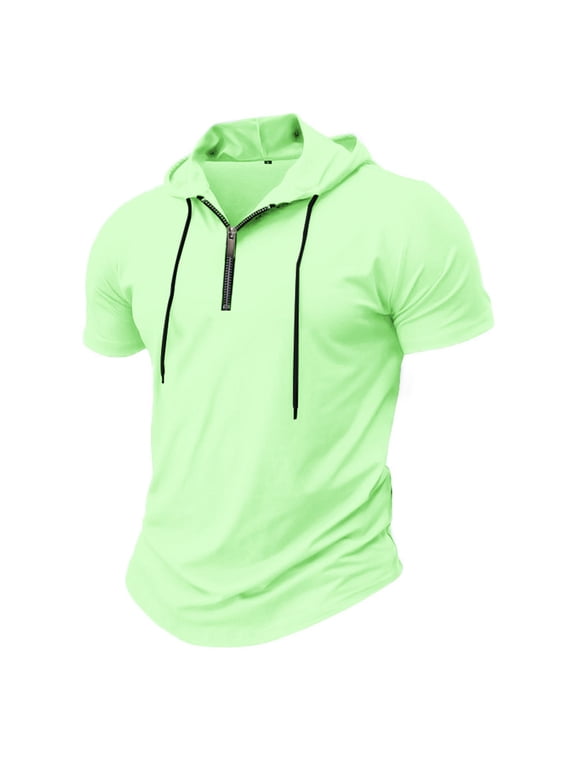 Men's Workout Hooded T-Shirts Zip up Pullover Hoodies Athletic Short Sleeve Gym Muscle T Shirts