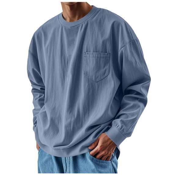 fatyb Mens Casual Pocket T-Shirts Oversized Long Sleeve Tops for Men Crewneck Loose Solid Color Blouses
