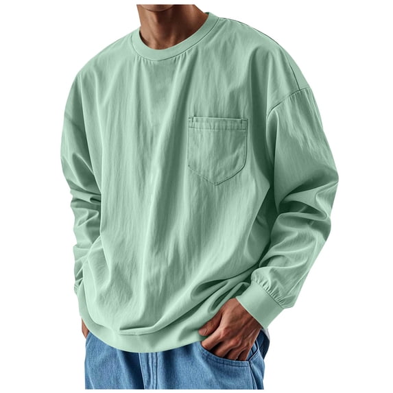 fatyb Mens Casual Pocket T-Shirts Oversized Long Sleeve Tops for Men Crewneck Loose Solid Color Blouses