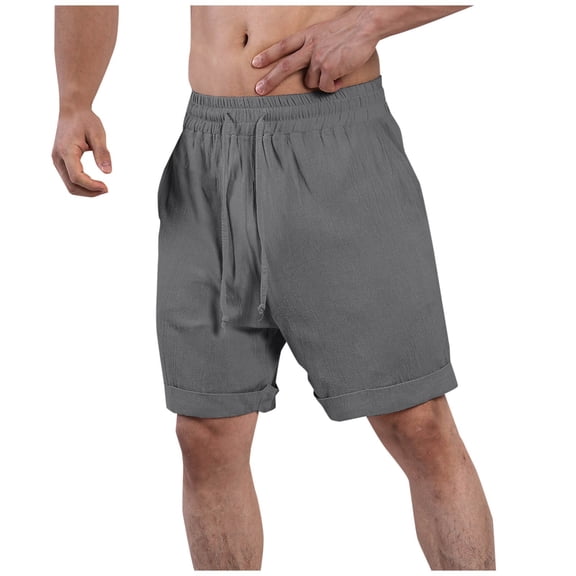fatyb Mens Casual Shorts Elastic Waist Cotton Linen Shorts Summer Pocket Beach Shorts with Drawstring