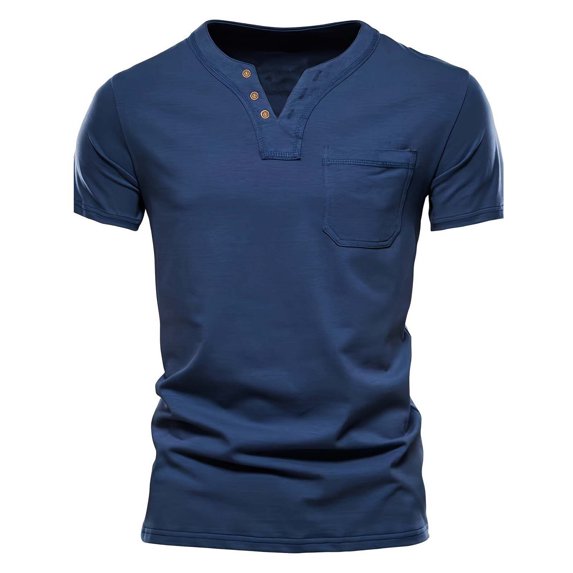 fatyb Mens Casual T-Shirts Summer Button V Neck Tee Pullover Solid Color Vacation Beach Tops with Pocket