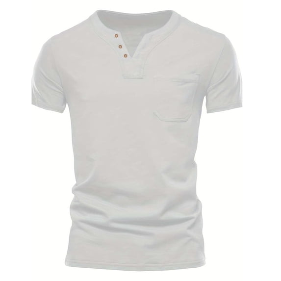 fatyb Mens Casual T-Shirts Summer Button V Neck Tee Pullover Solid Color Vacation Beach Tops with Pocket