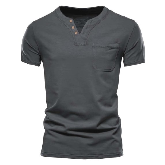 fatyb Mens Casual T-Shirts Summer Button V Neck Tee Pullover Solid Color Vacation Beach Tops with Pocket