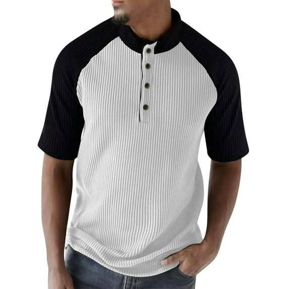 fatyb Mens Casual Tops Summer Half Sleeve Pullover Button up Tshirts Color Block Loose Shirts for Men