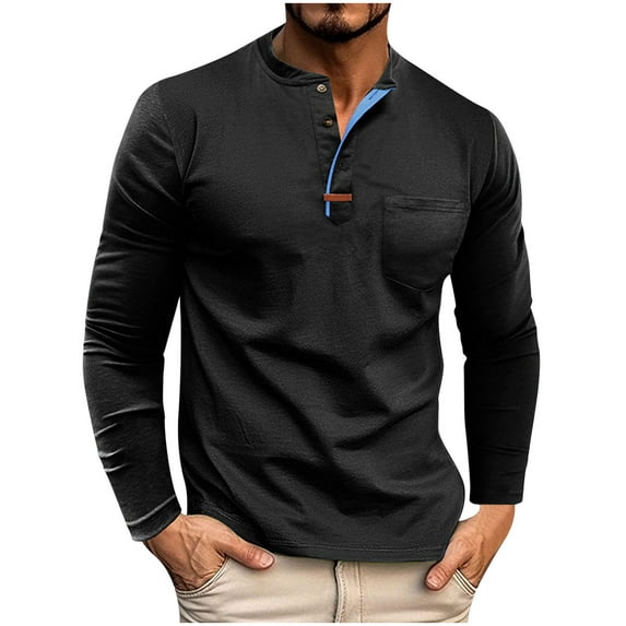 fatyb Mens Cotton Shirts Long Sleeve Button T Shirts with Pocket Crew Neck Breathable Casual Pullover