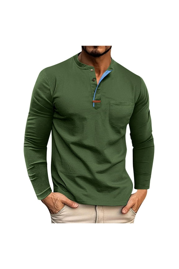 Mens Cotton Shirts Long Sleeve Button T Shirts with Pocket Crew Neck Breathable Casual Pullover
