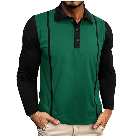 fatyb Mens Long Sleeve Golf Shirts Color Block Collared T-Shirts Button up Vintage Work Blouses for Men
