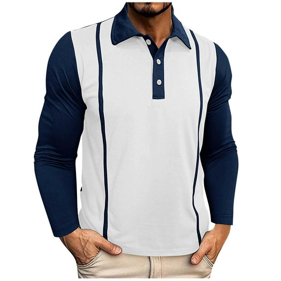 fatyb Mens Long Sleeve Golf Shirts Color Block Collared T-Shirts Button up Vintage Work Blouses for Men