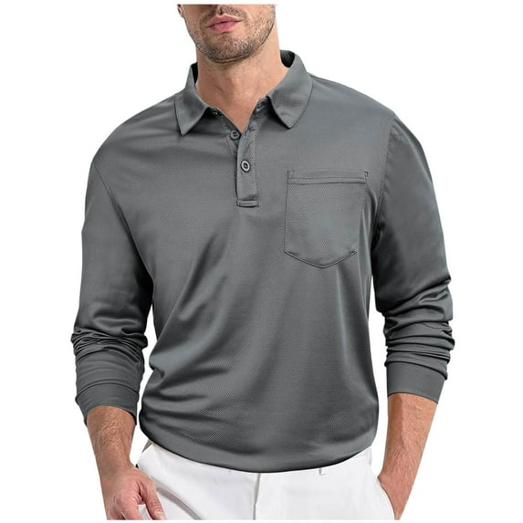 fatyb Mens Long Sleeve Golf Shirts with Pocket Button Collared Breathable Solid Color T-Shirts for Men