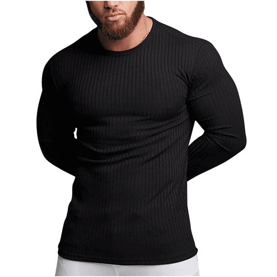 fatyb Mens Long Sleeve Knitted Muscle T-Shirts V Neck Stretch Tee Casual Lightweight Slim Tops for Men