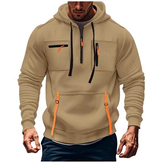 fatyb Mens Quarter Zip Cargo Hoodies Long Sleeve Casual Pullover Drawstring Pocket Hooded Sweatshirts