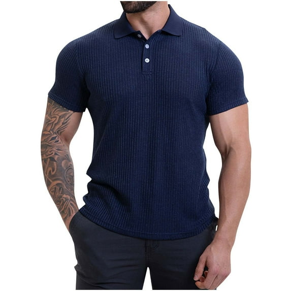 fatyb Mens Ribbed Shirts Short Sleeve Button up Knit Muscle Shirts Collared Slim Casual Tees for Men