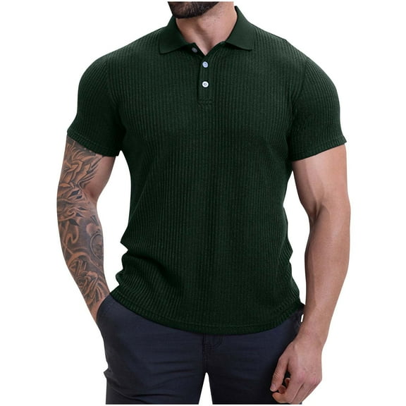 fatyb Mens Ribbed Shirts Short Sleeve Button up Knit Muscle Shirts Collared Slim Casual Tees for Men