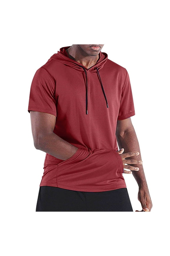Mens Short Sleeve Hoodies with Pocket Drawstring Muscle Hooded T-Shirts Workout Athletic Gym Tops