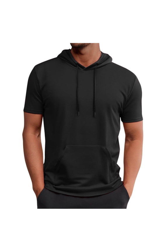 Mens Short Sleeve Hoodies with Pocket Drawstring Muscle Hooded T-Shirts Workout Athletic Gym Tops