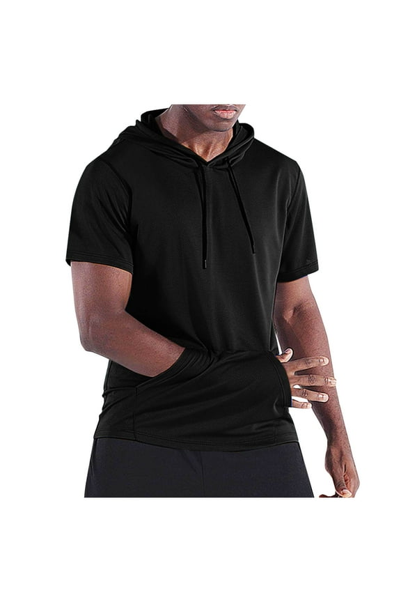 Mens Short Sleeve Hoodies with Pocket Drawstring Muscle Hooded T-Shirts Workout Athletic Gym Tops