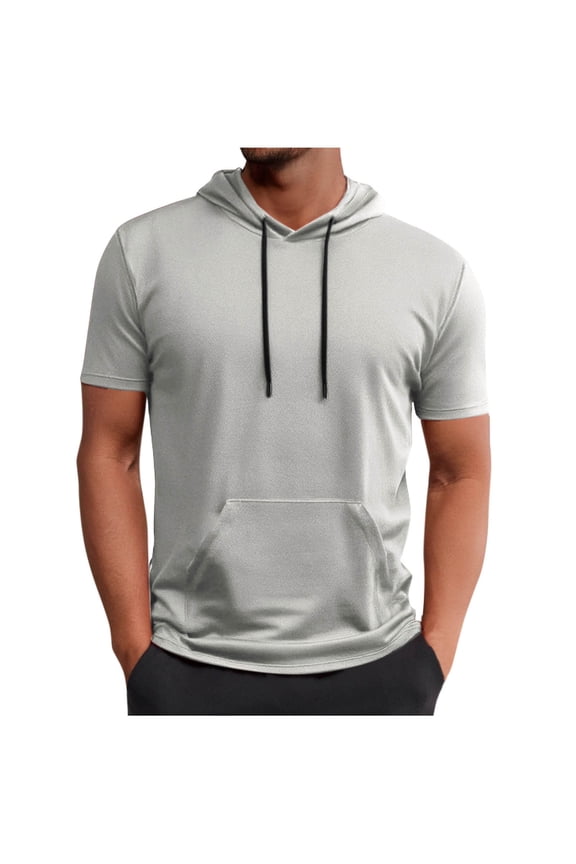 Mens Short Sleeve Hoodies with Pocket Drawstring Muscle Hooded T-Shirts Workout Athletic Gym Tops