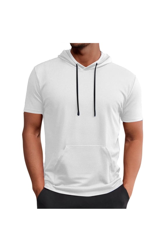 Mens Short Sleeve Hoodies with Pocket Drawstring Muscle Hooded T-Shirts Workout Athletic Gym Tops