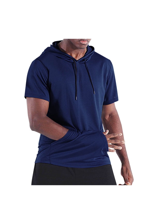 Mens Short Sleeve Hoodies with Pocket Drawstring Muscle Hooded T-Shirts Workout Athletic Gym Tops