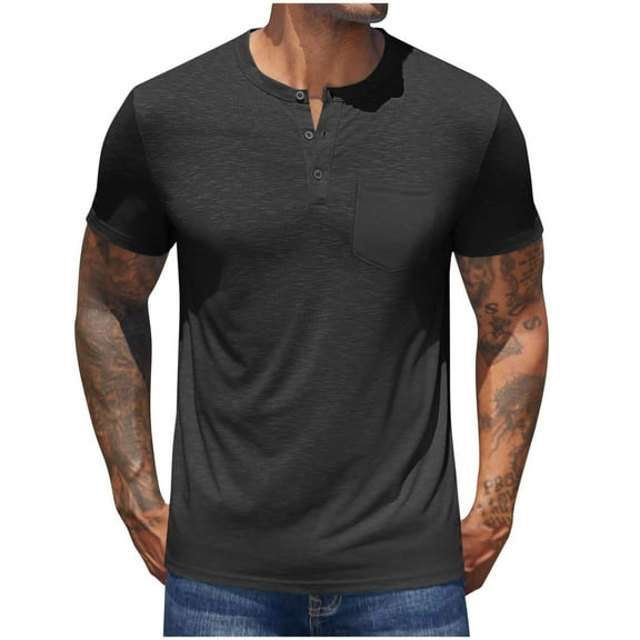 fatyb Mens Short Sleeve Shirts Button Crew Neck Casual Tops Plain Lightweight Summer Basic Tee Shirts