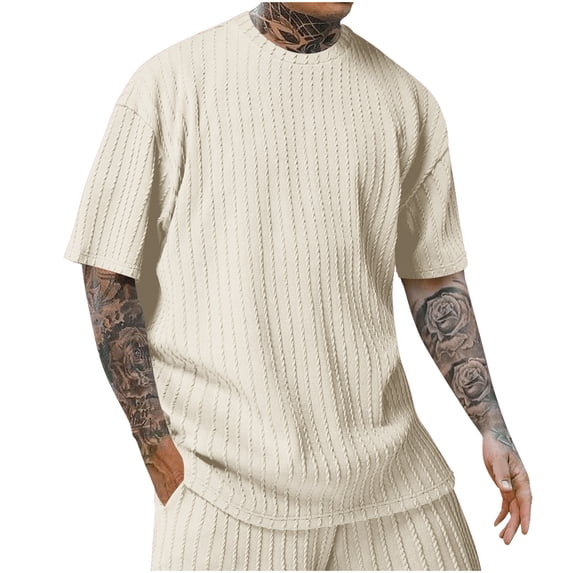 fatyb Mens Textured T Shirts Short Sleeve Crewneck Casual Tee Solid Color Pullover Summer Loose Tops