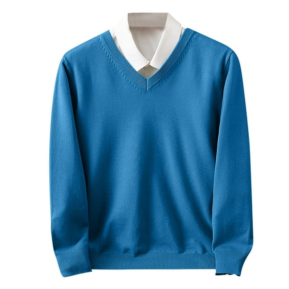 fatyb Mens V Neck Sweater Casual Knitted Long Sleeve Pullover Tops Solid Color Slim Sweaters for Men