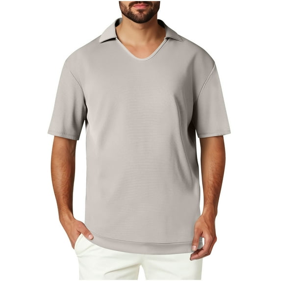 fatyb Mens V Neck Tops with Collar Casual Short Sleeve Pullover Solid Color Summer Blouses for Men