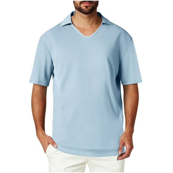 fatyb Mens V Neck Tops with Collar Casual Short Sleeve Pullover Solid Color Summer Blouses for Men