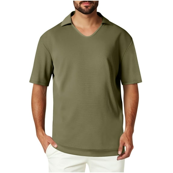 fatyb Mens V Neck Tops with Collar Casual Short Sleeve Pullover Solid Color Summer Blouses for Men