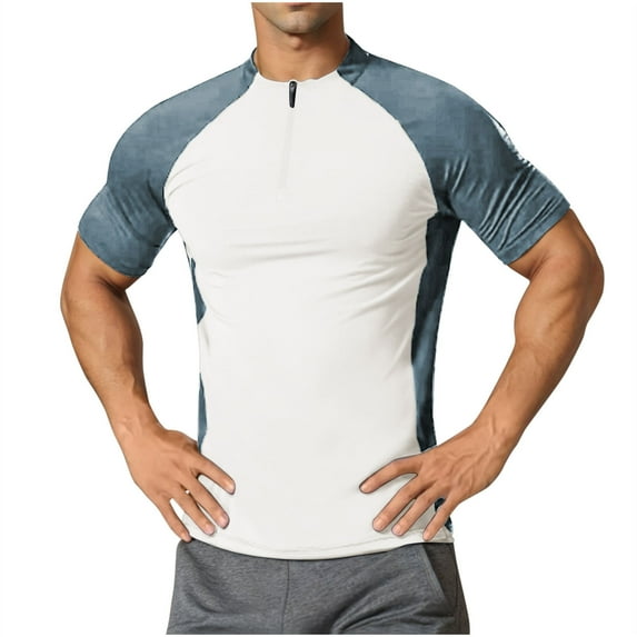 fatyb Mens Zip up Stand Collar Workout Tshirts Color Block Short Sleeve Shirts Patchwork Athletic Tops
