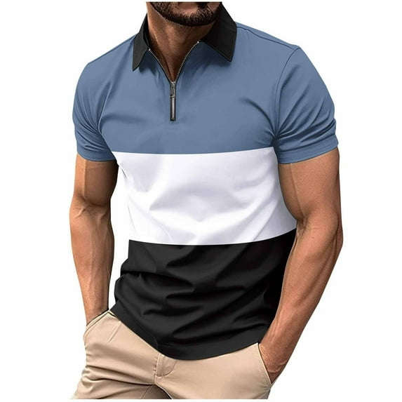 fatyb Mens Zipper Shirts with Collar Color Block Casual Short Sleeve T Shirts Summer Lightweight Tops