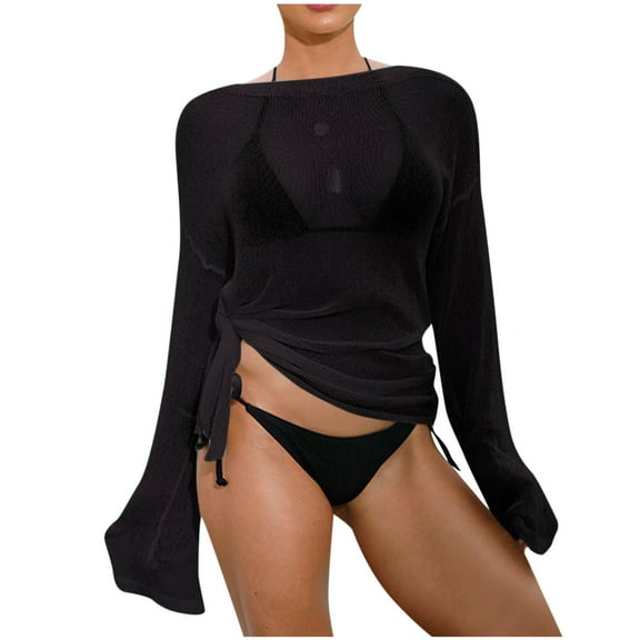 fatyb Mesh Cover Ups for Women Long Sleeve Side Split Bikini Coverup See Through Womens Beach Mini Dress