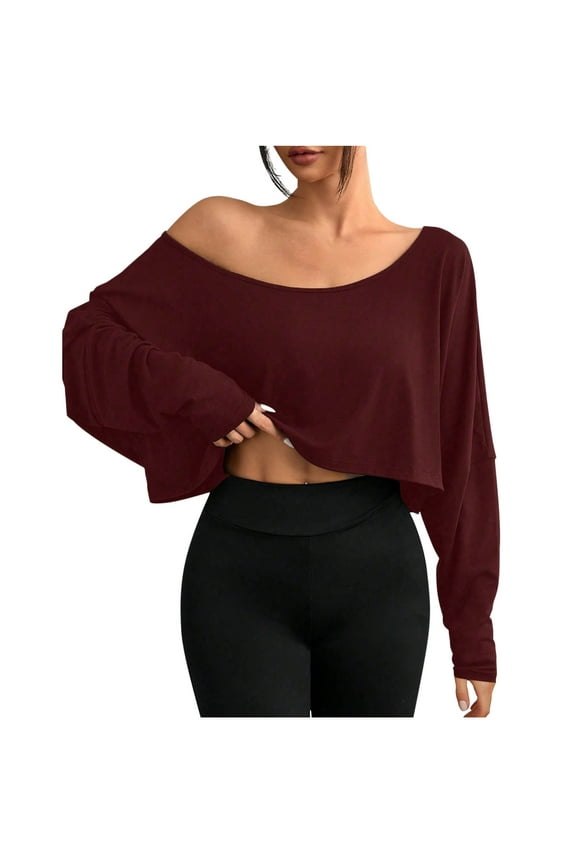 Off Shoulder Crop Tops for Women Long Sleeve Going out Tees Shirts Summer Casual Loose Blouses