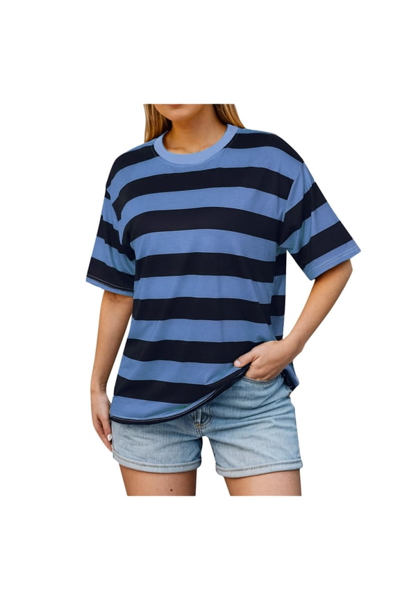 Oversized T Shirts for Women Striped Crew Neck Casual Tee Shirts Loose Womens Summer Blouse Tops