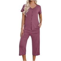 fatyb Pajama Sets for Women 2 Piece Capri Pants and V Neck Button down Short Sleeve Tops Outfits Loungewear
