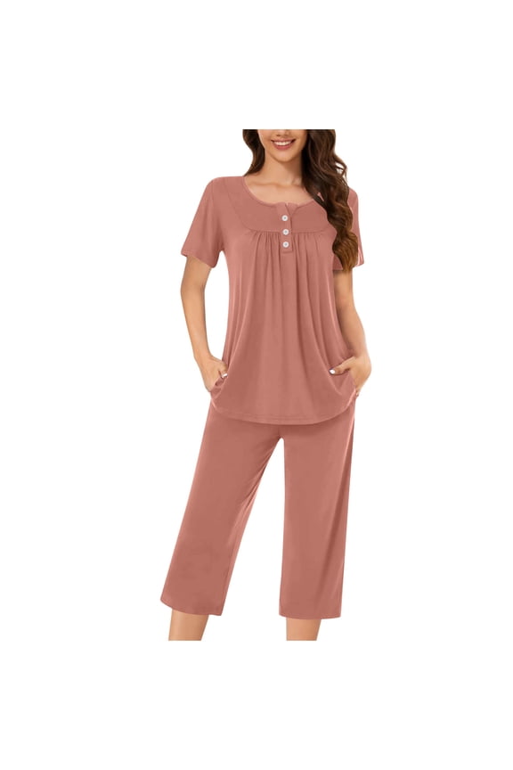 Pj Sleepwear for Women Short Sleeve Button down Pajama Tops and Capri Pants Summer Loungewear