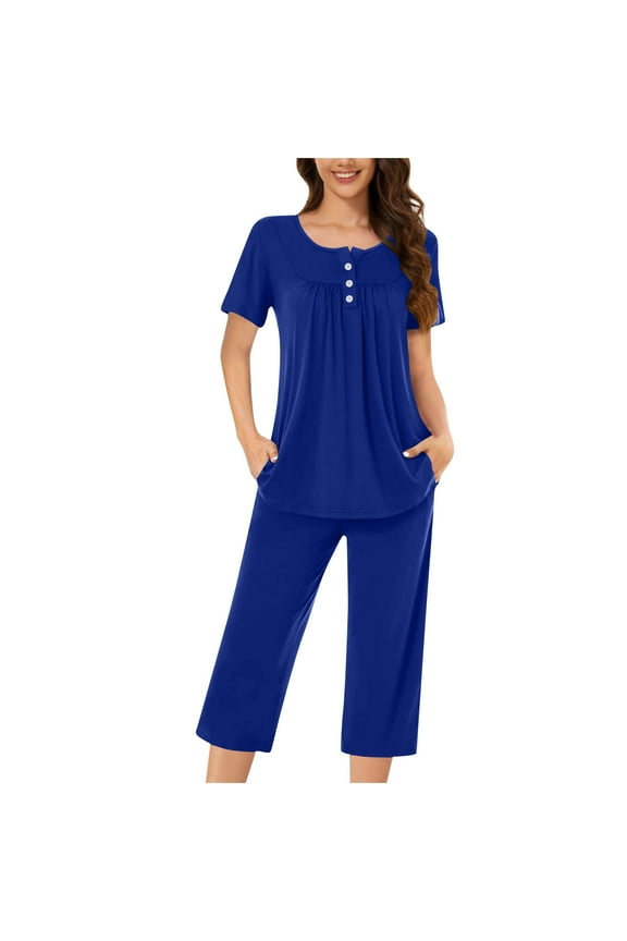 Pj Sleepwear for Women Short Sleeve Button down Pajama Tops and Capri Pants Summer Loungewear