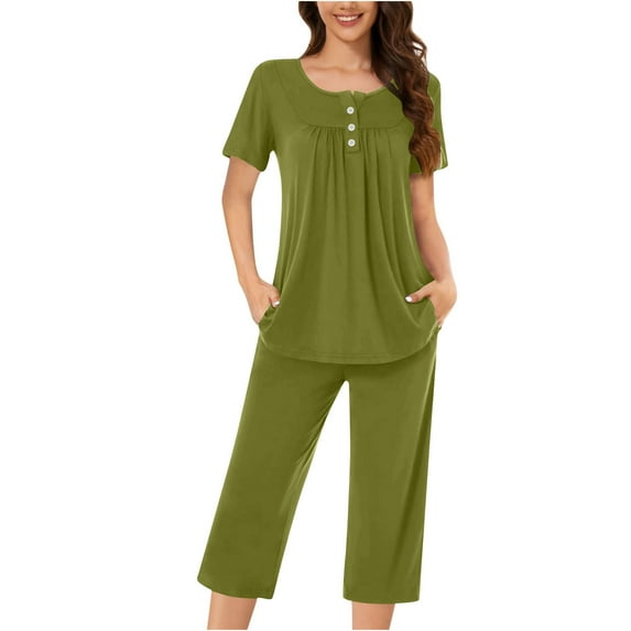 fatyb Pj Sleepwear for Women Short Sleeve Button down Pajama Tops and Capri Pants Summer Loungewear