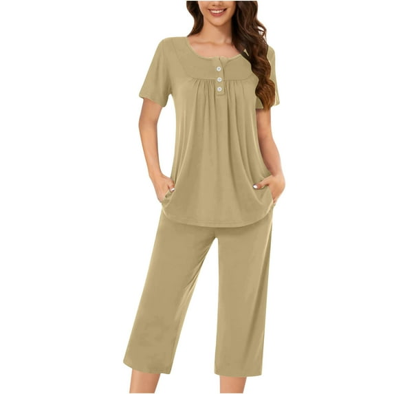fatyb Pj Sleepwear for Women Short Sleeve Button down Pajama Tops and Capri Pants Summer Loungewear