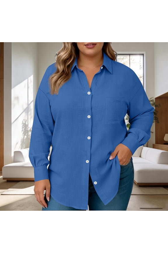 Plus Size Button down Shirts for Women Long Sleeve Collared Textured Lightweight Casual Blouses