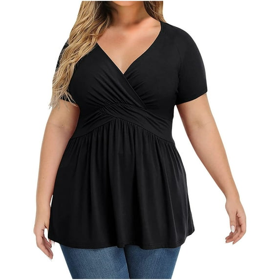 fatyb Plus Size Dressy Tops for Women Wrap V Neck Pleated Tunic Shirts Womens Elegant Short Sleeve Blouses