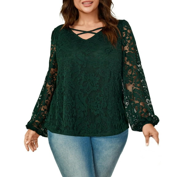 fatyb Plus Size Lace Blouses for Women Puff Long Sleeve Casual Tops Elegant Womens Dressy Tunic Tops