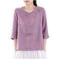 thumbnail image 1 of fatyb Plus Size Linen Shirts Embroidery Short Sleeve Button up Vintage Tops Casual Boho Blouses for Women, 1 of 5
