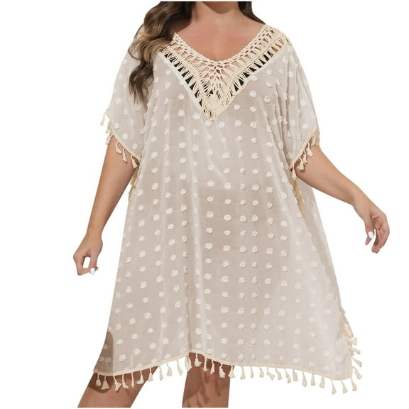 fatyb Plus Size Swimsuit Cover up for Women Short Sleeve Bikini Coverup See Through Beach Dress with Split