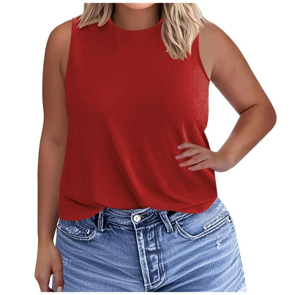 fatyb Plus Size Tank Tops for Women Round Neck Sleeveless T Shirts Loose Plain Summer Casual Blouses
