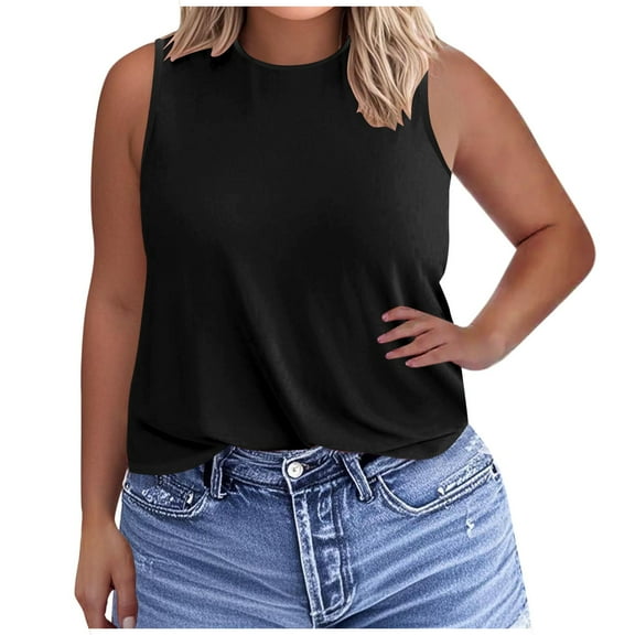 fatyb Plus Size Tank Tops for Women Round Neck Sleeveless T Shirts Loose Plain Summer Casual Blouses
