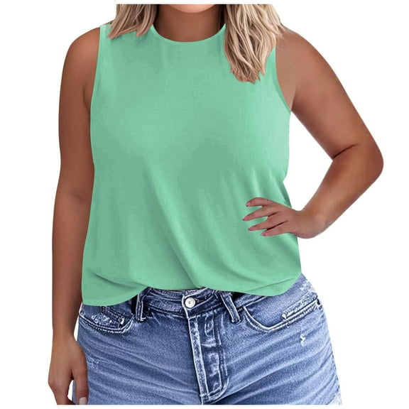 fatyb Plus Size Tank Tops for Women Round Neck Sleeveless T Shirts Loose Plain Summer Casual Blouses