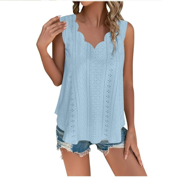 fatyb Plus Size Tank Tops for Women V Neck Eyelet Embroidery Shirts Sleeveless Loose Casual Beach Blouses
