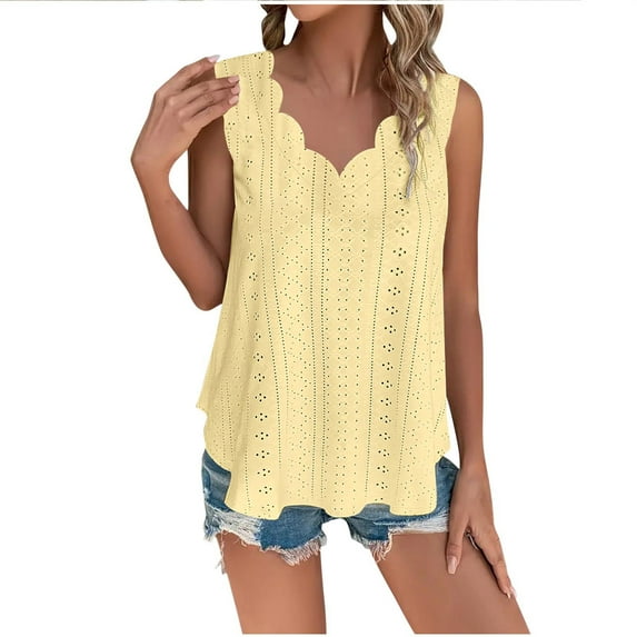 fatyb Plus Size Tank Tops for Women V Neck Eyelet Embroidery Shirts Sleeveless Loose Casual Beach Blouses